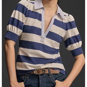 Anthropologie Maeve Blue & Cream Striped Puff Sleeve Polo Top